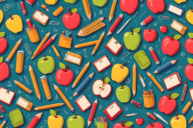 Photo a colorful pattern of school supplies and apples