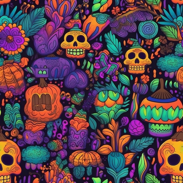 A colorful pattern of skulls and flowers on a black background generative ai