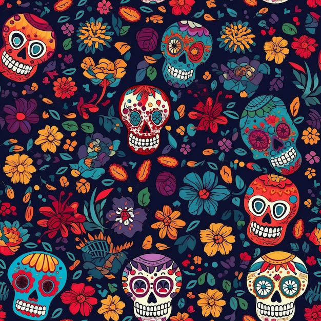 A colorful pattern of skulls with flowers and the words day of the dead on the bottom.