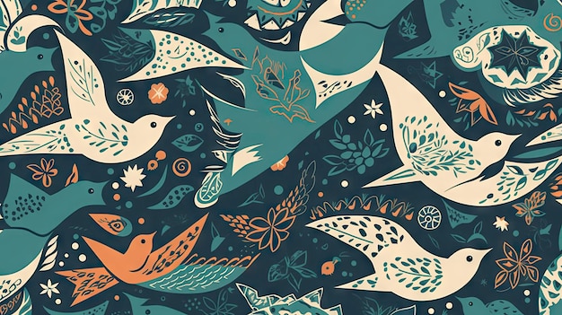 A colorful pattern with birds and flowers.