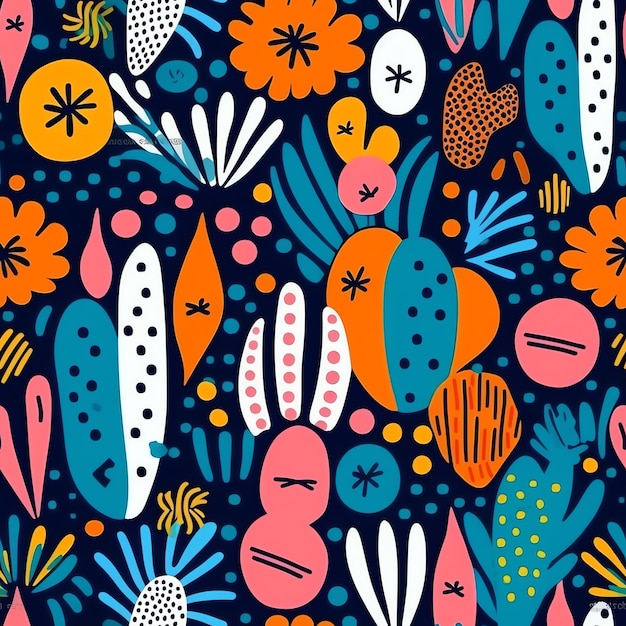 A colorful pattern with a cactus and flowers.