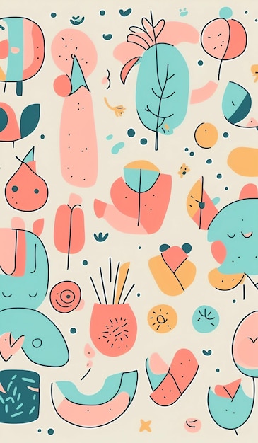 A colorful pattern with different animals and flowers.