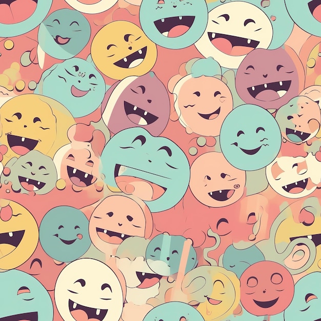 Photo a colorful pattern with different faces and the words'happy'on the bottom.