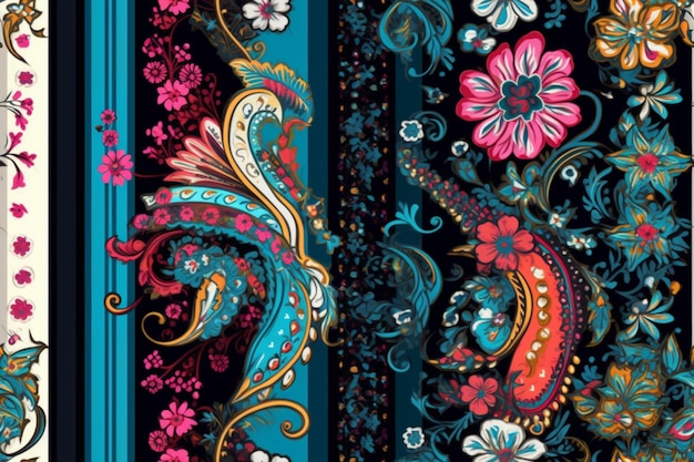 A colorful pattern with a dragon and flowers.