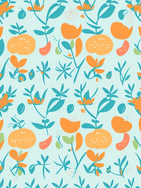 A colorful pattern with flowers and fruits.