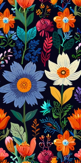 a colorful pattern with flowers and leaves