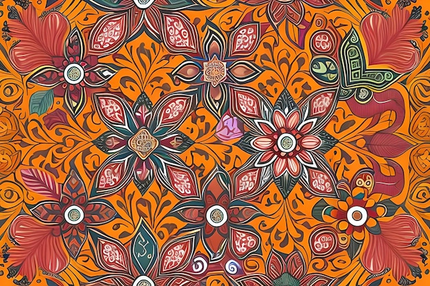 A colorful pattern with flowers and leaves.