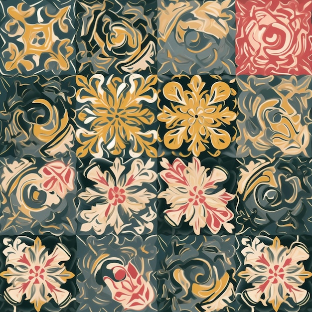 A colorful pattern with flowers and leaves.