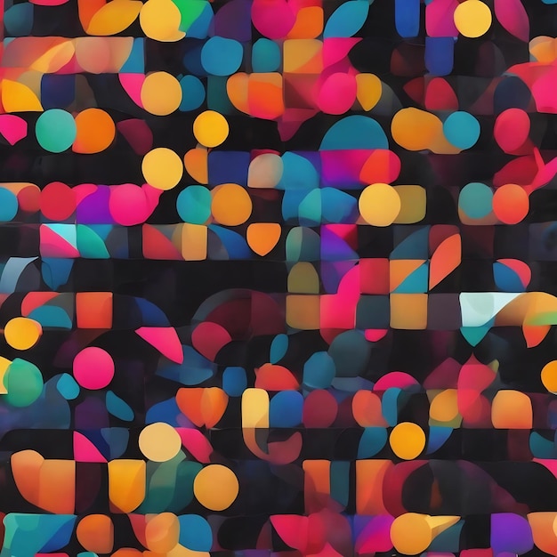 A colorful pattern with geometric shapes and dots on a black background