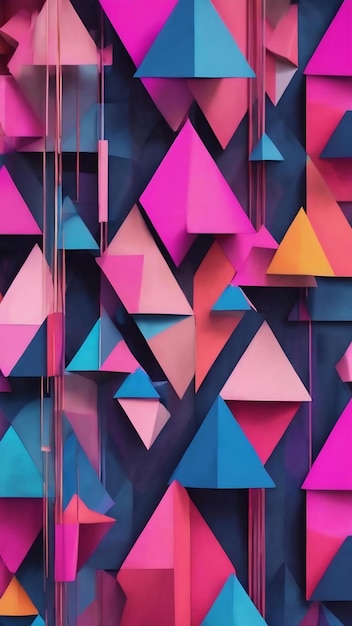 A colorful pattern with geometric shapes and triangles in blue and pink