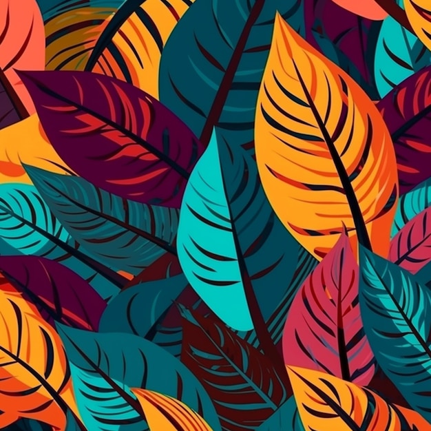 A colorful pattern with leaves and flowers.