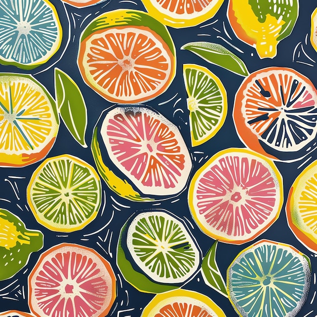 a colorful pattern with lemons and oranges