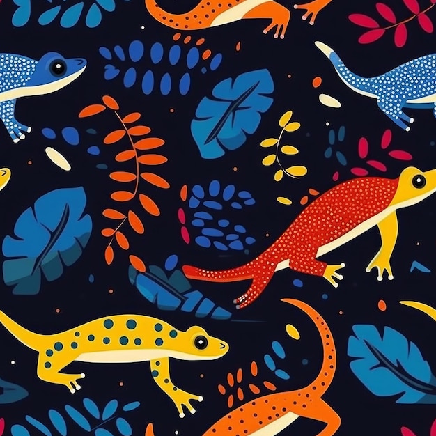 A colorful pattern with lizards and leaves.