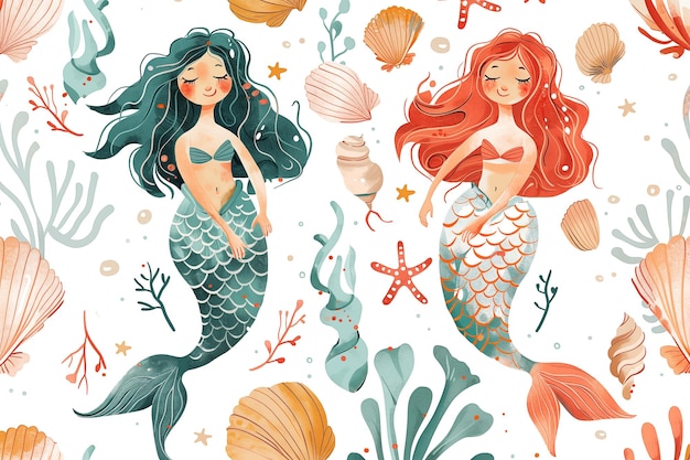 Photo colorful pattern with mermaids and aquatic elements on white background