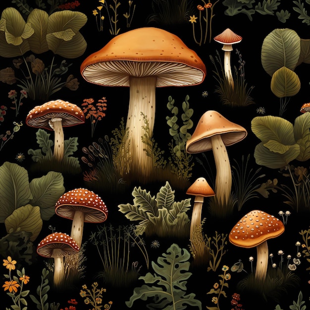 a colorful pattern with mushrooms and leaves on a black background