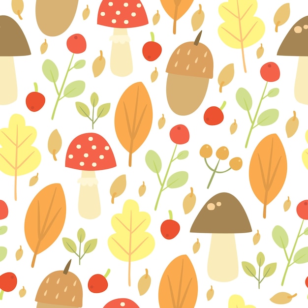 a colorful pattern with mushrooms and leaves on a white background