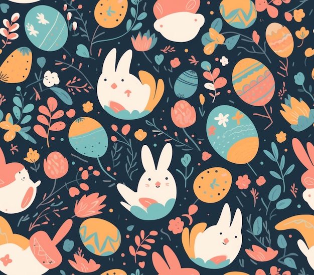 A colorful pattern with rabbits and eggs.