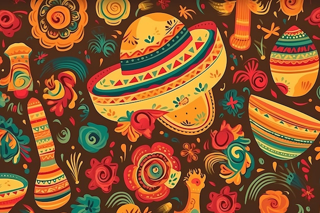 A colorful pattern with a sombrero and a hat.