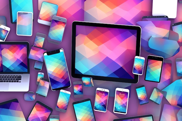 A colorful pattern with a tablet and a tablet on it