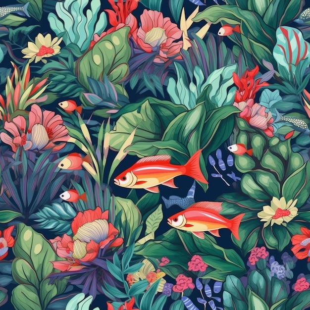 A colorful pattern with tropical plants and fish.