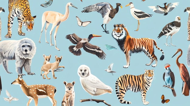 Photo a colorful pattern with a variety of animals on a blue background