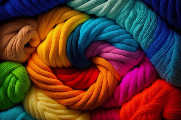 A colorful pattern of yarn is shown with the colors of the rainbow.