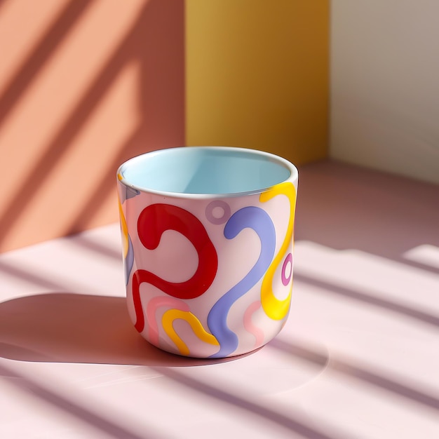 Colorful patterned cup on pink background