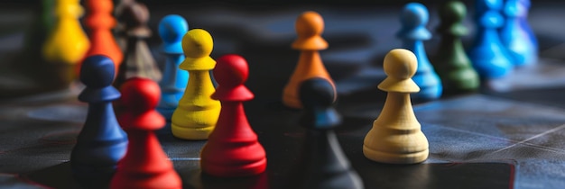 Colorful pawn pieces on a game board A variety of vibrant pawn game pieces are aligned on a dark reflective board suggesting teamwork or diversity