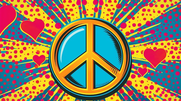 A colorful peace sign on a background with hearts and dots