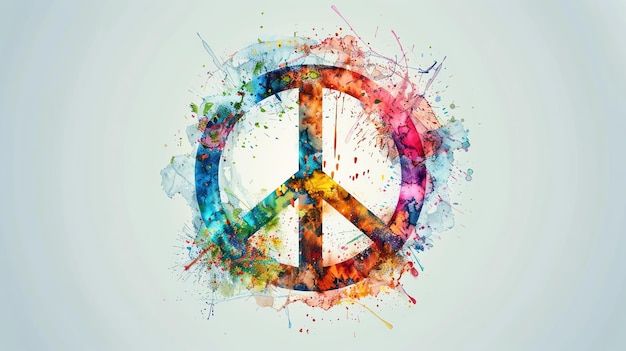 A colorful peace sign with a watercolor splash background