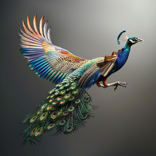 colorful peacock flying towards the camera in the shape of an Scurve talons spread wings spread