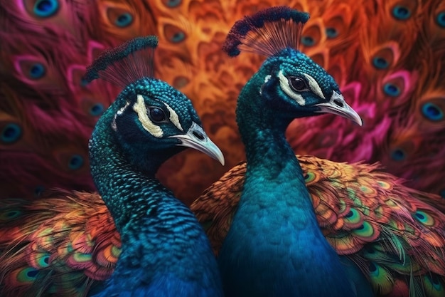 A colorful peacock is next to a peacock.