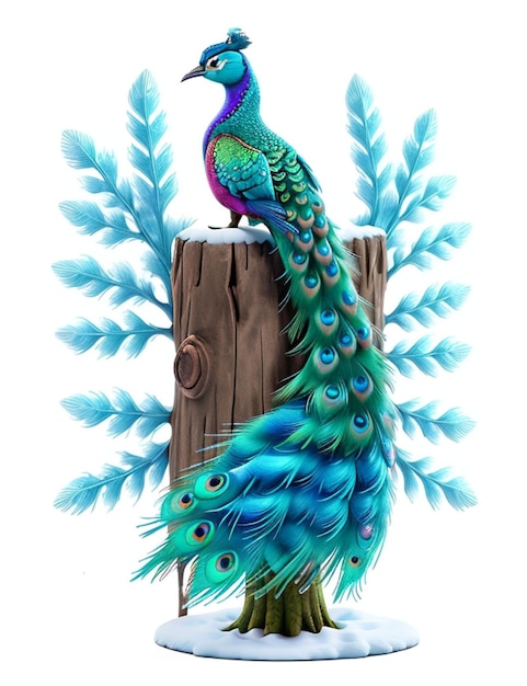 Colorful peacock perched on tree stump