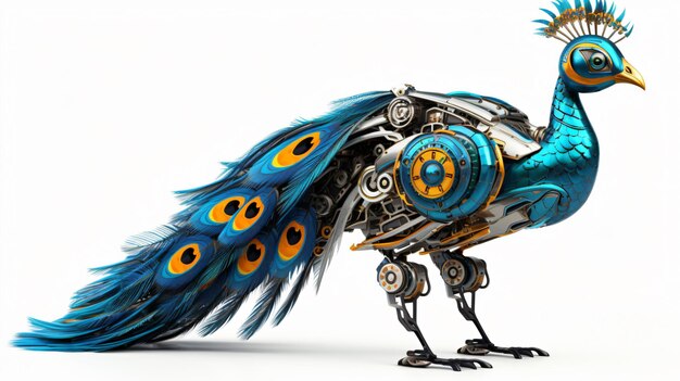 Colorful peacock robot robotic bird isolated over white background