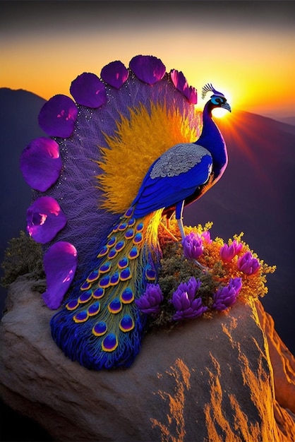 Colorful peacock sitting on top of a rock generative ai