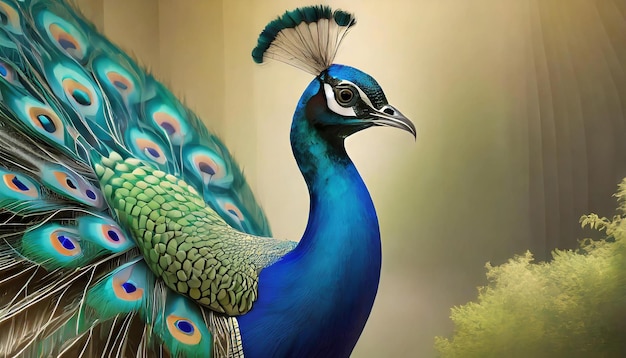 A colorful peacock with a blue and green tail