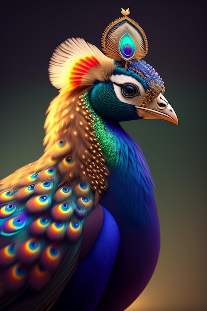 A colorful peacock with a crown on its head.