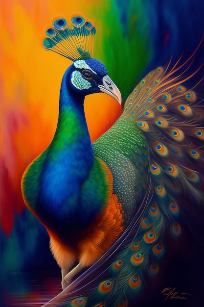 A colorful peacock with a green tail and blue feathers.