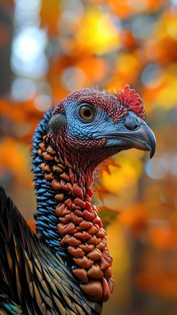 a colorful peacock with a red and blue head