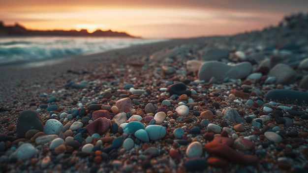 Colorful pebbles on the beach at sunset Shallow depth of fieldgenerative ai