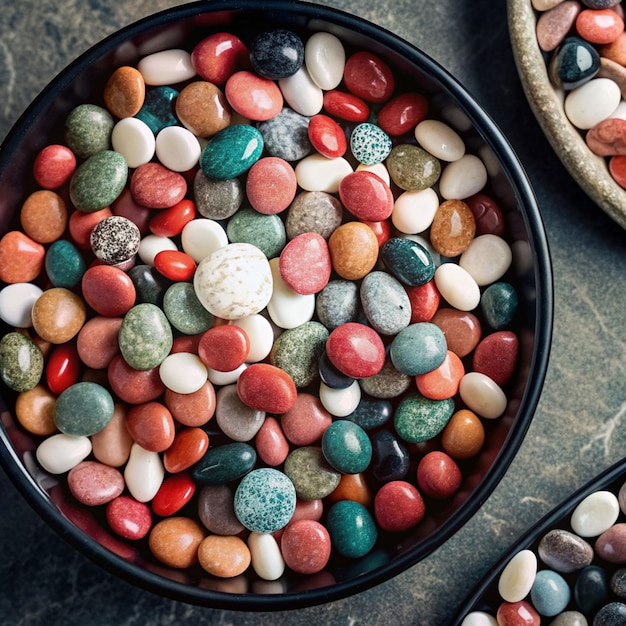 colorful pebbles on a dark background top view