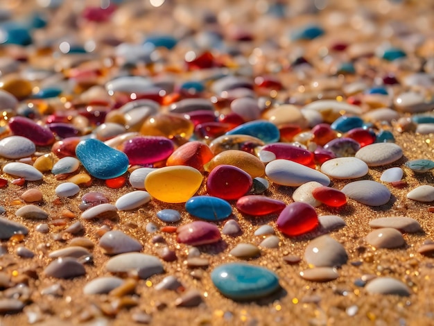 colorful pebbles scattered across a sunlit beach