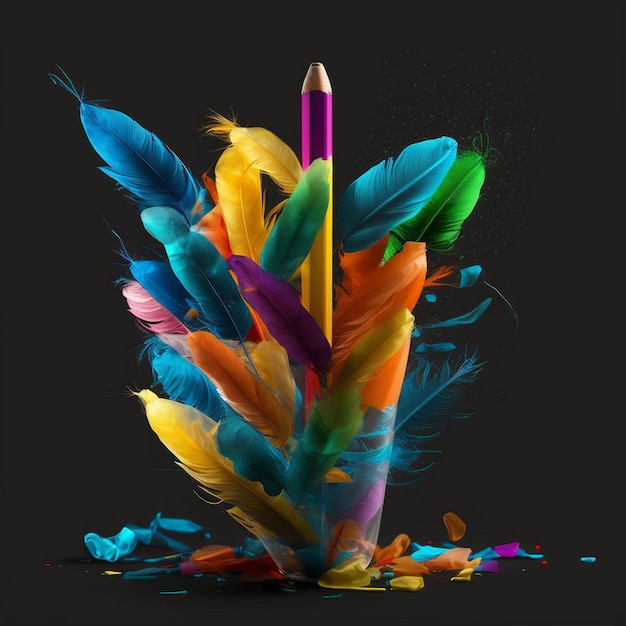 A colorful pencil is surrounded by feathers that are colored.