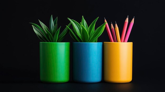 Photo colorful pencil and plant holders on a black background