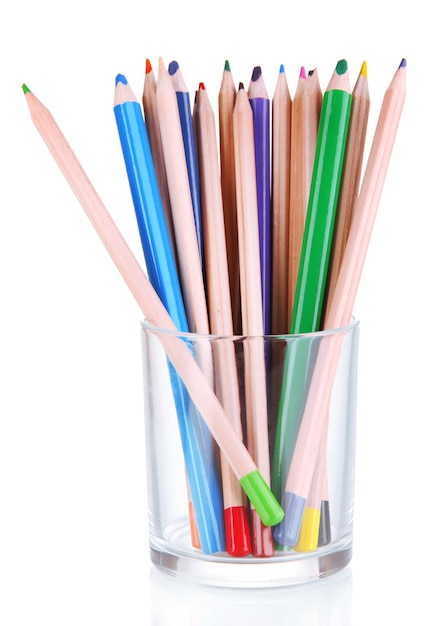 Colorful pencils in glass isolated on white