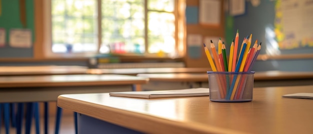 Photo colorful pencils in a metal holder on a desk in a classroom