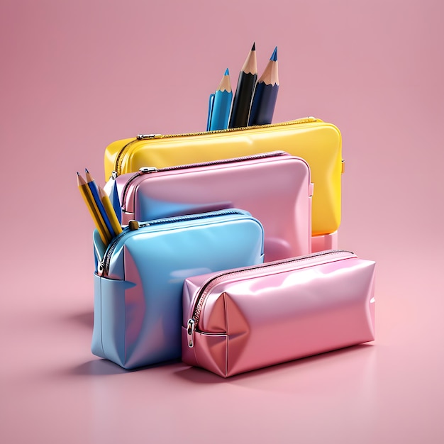 Photo colorful pencils in pink blue and yellow pen cases