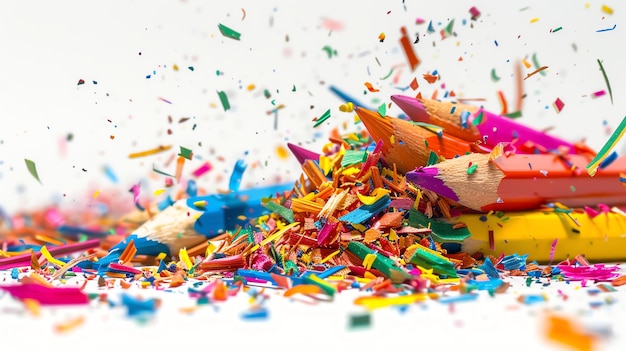 Colorful pencils and shavings on white background