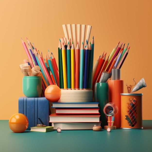 Colorful pencils in a vase and books on a brown background