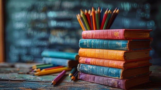 Colorful Pencils and Vintage Books on Classroom Desk Generative AI